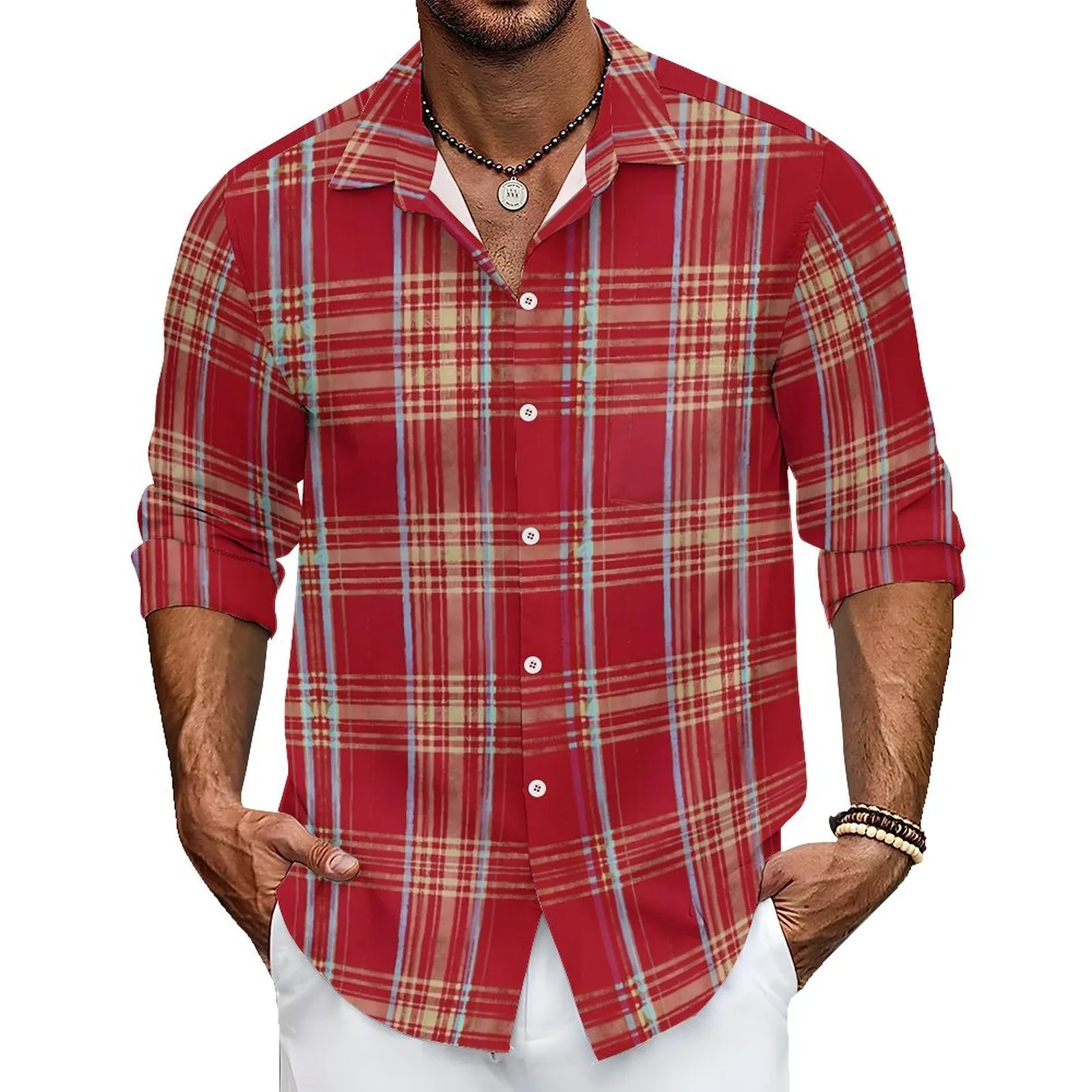 Men's Casual Vacation Red Plaid Printed Long Sleeve Shirt 2312000199