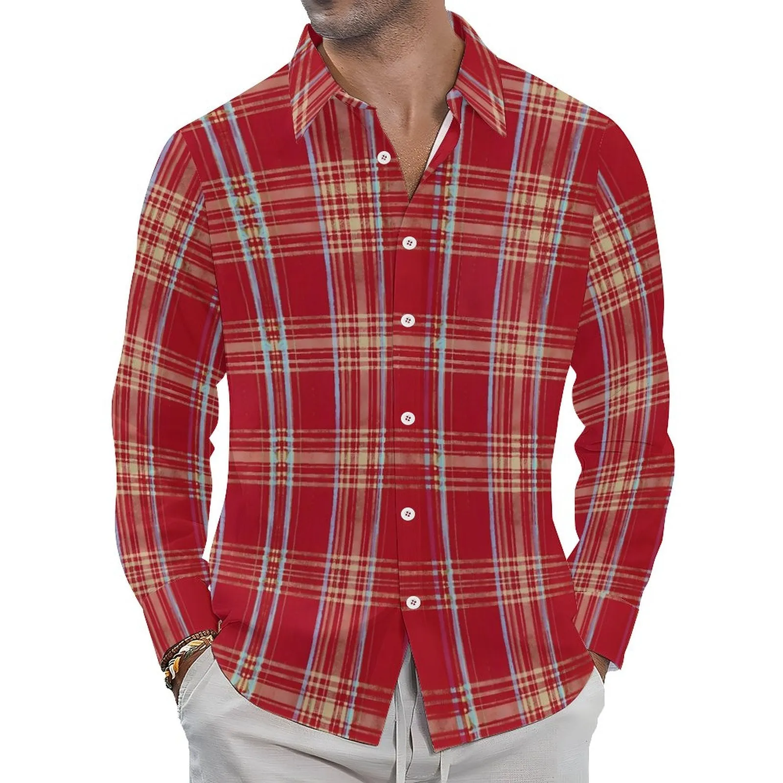 Men's Casual Vacation Red Plaid Printed Long Sleeve Shirt 2312000199