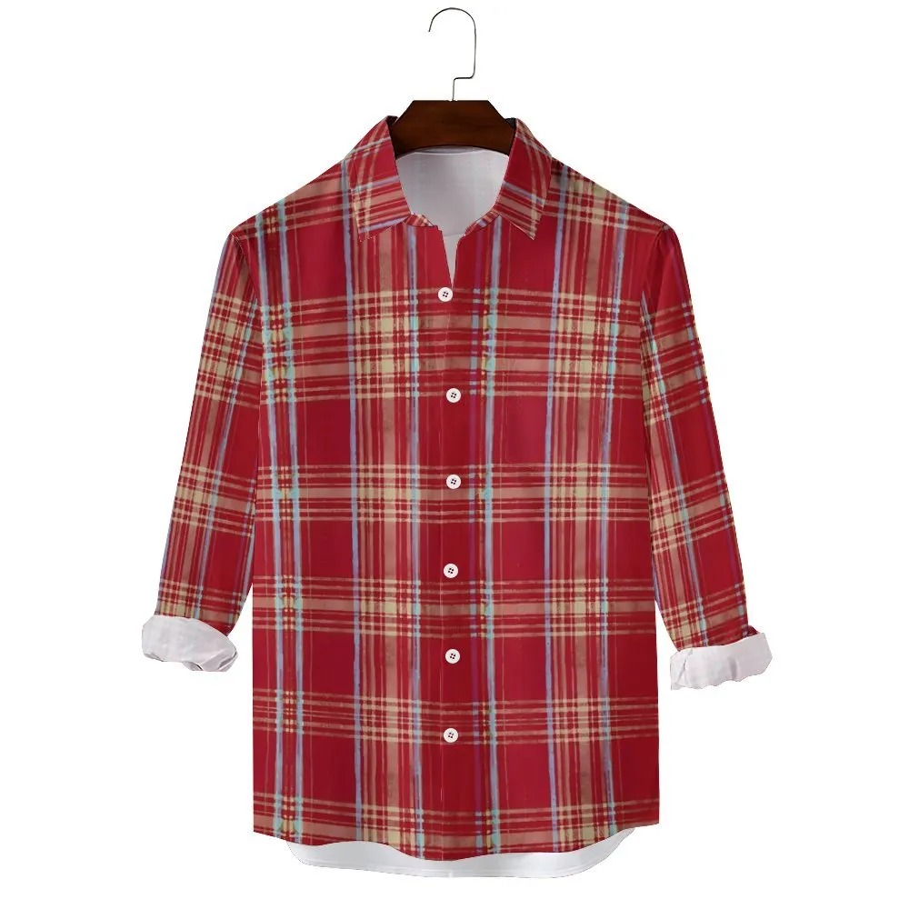 Men's Casual Vacation Red Plaid Printed Long Sleeve Shirt 2312000199