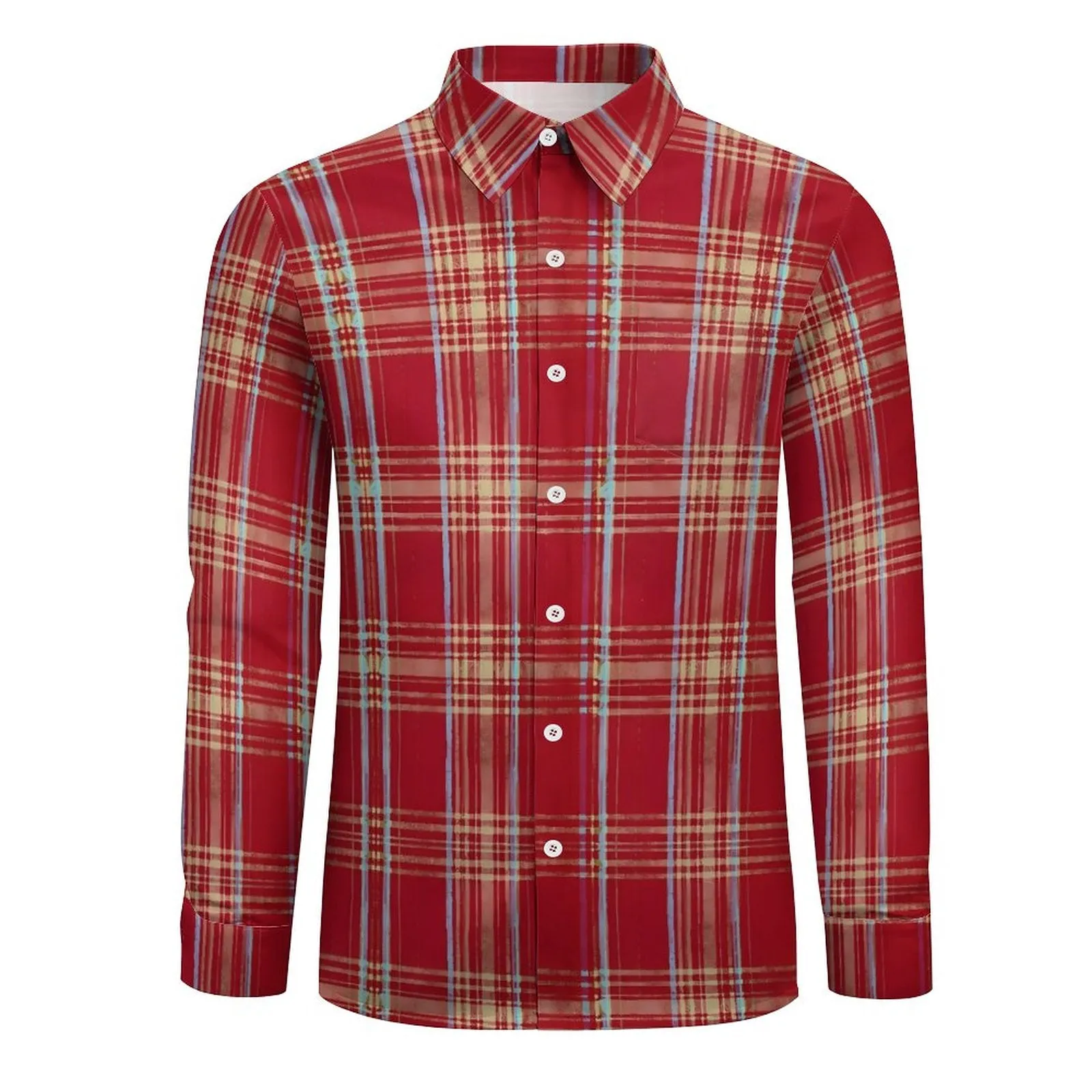 Men's Casual Vacation Red Plaid Printed Long Sleeve Shirt 2312000199