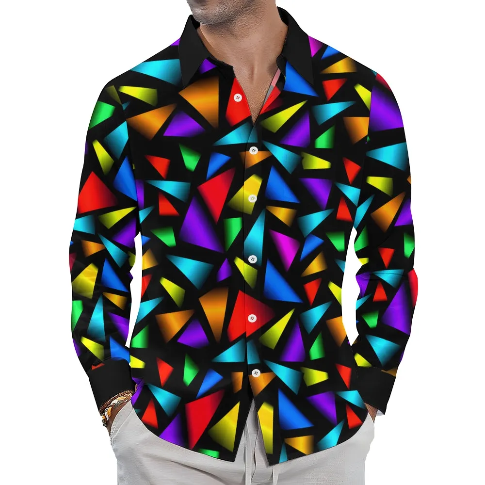 Men's Retro Geometric Color Block Print Long Sleeve Shirt 2412005102