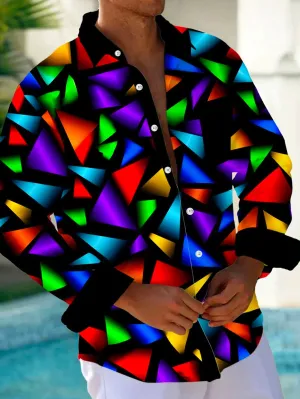 Men's Retro Geometric Color Block Print Long Sleeve Shirt 2412005102