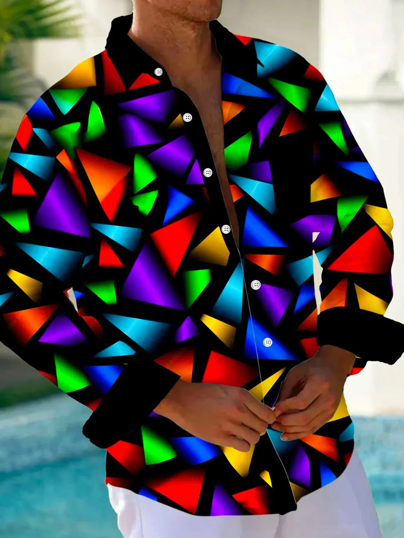 Men's Retro Geometric Color Block Print Long Sleeve Shirt 2412005102