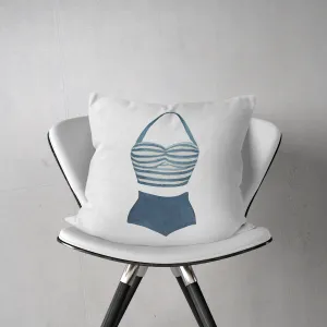Nautical Pillow - Vintage Bathing Suit Print with Yellow and Blue Plaid Back, Cozy 18" Cushion for Sea-Themed Home Decor