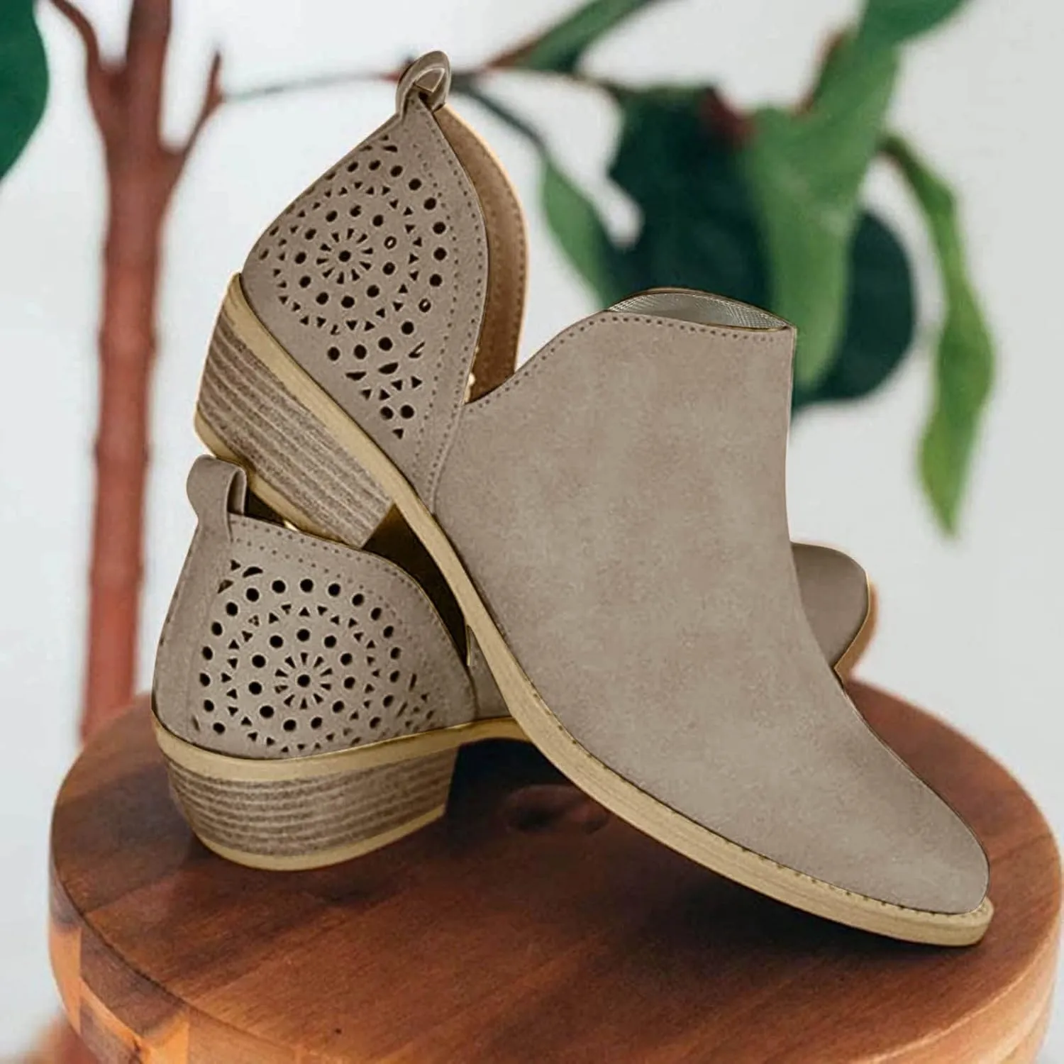 NEW Heel Round Solid Hollow Shallow Short Women's Mouth Boots Color Fashion Toe Women's Boots Wedge Heel Boots, Khaki, Sz 10