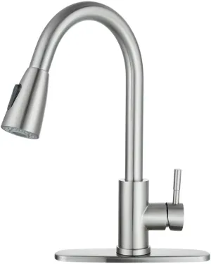 New in box! WOWOW Single Handle High Arc Pull Out Sprayer Kitchen Faucet Lead-Free Stainless, 360 Swivel Modern Brushed Nickel with Deck Plate