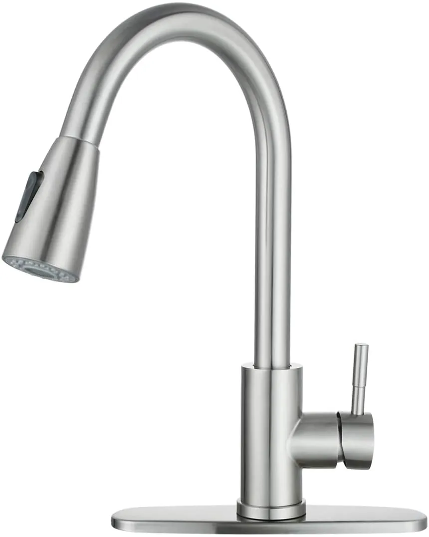 New in box! WOWOW Single Handle High Arc Pull Out Sprayer Kitchen Faucet Lead-Free Stainless, 360 Swivel Modern Brushed Nickel with Deck Plate