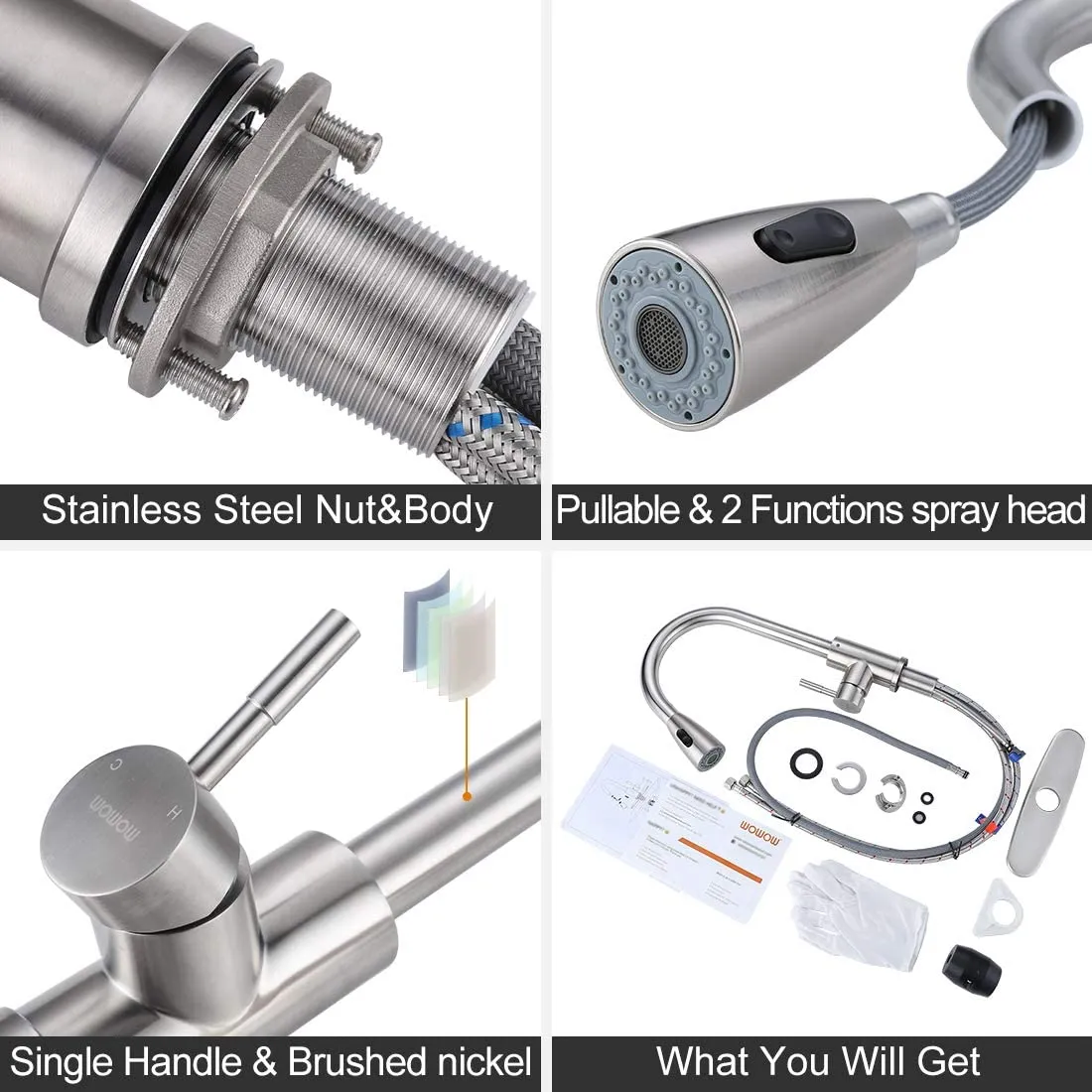 New in box! WOWOW Single Handle High Arc Pull Out Sprayer Kitchen Faucet Lead-Free Stainless, 360 Swivel Modern Brushed Nickel with Deck Plate