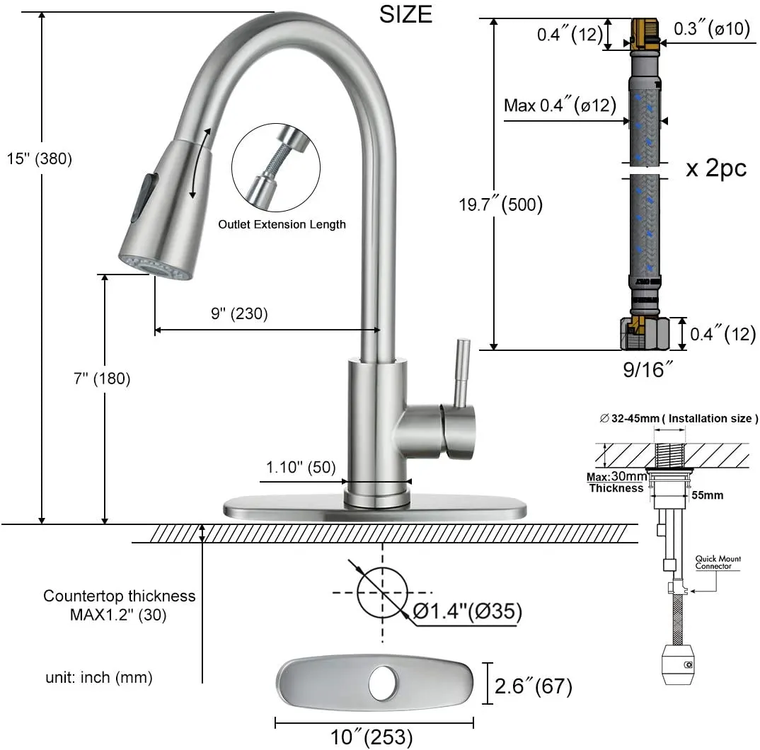New in box! WOWOW Single Handle High Arc Pull Out Sprayer Kitchen Faucet Lead-Free Stainless, 360 Swivel Modern Brushed Nickel with Deck Plate