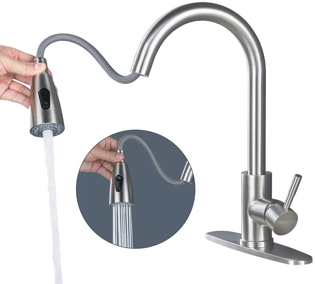 New in box! WOWOW Single Handle High Arc Pull Out Sprayer Kitchen Faucet Lead-Free Stainless, 360 Swivel Modern Brushed Nickel with Deck Plate