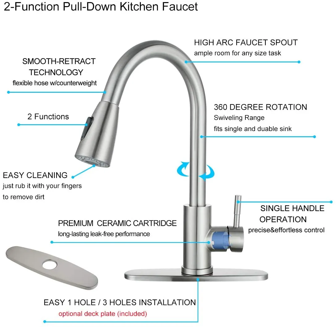 New in box! WOWOW Single Handle High Arc Pull Out Sprayer Kitchen Faucet Lead-Free Stainless, 360 Swivel Modern Brushed Nickel with Deck Plate