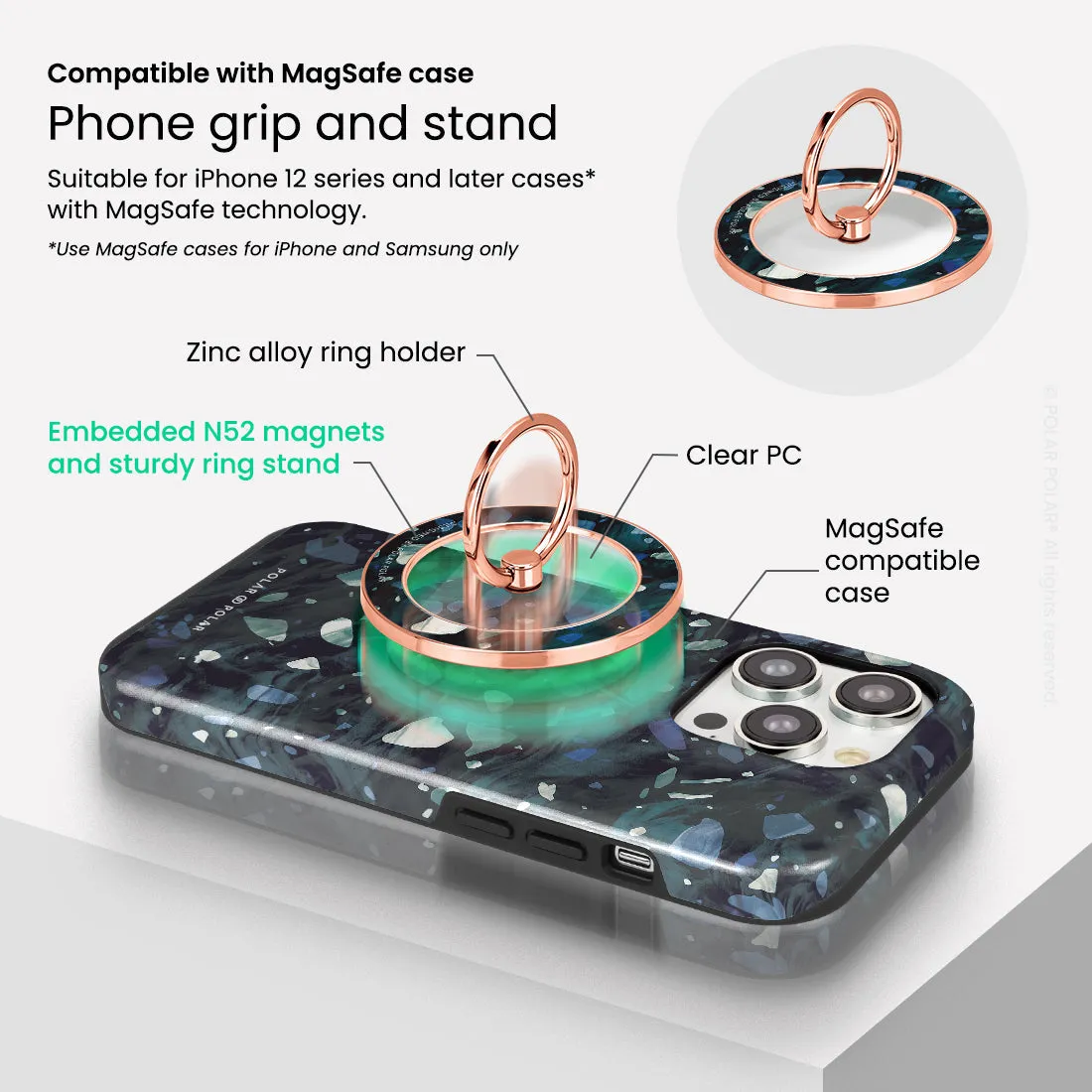 Nordic Terrazzo Gem - Rose Gold MagSafe Phone Grip and Ring Holder Stand