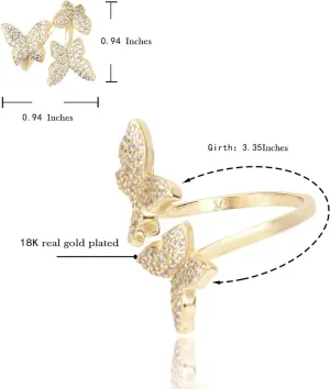 Pave Cubic Zirconia Butterfly Ring 18K Gold Plated For Women Adjustable Size 5 – 9
