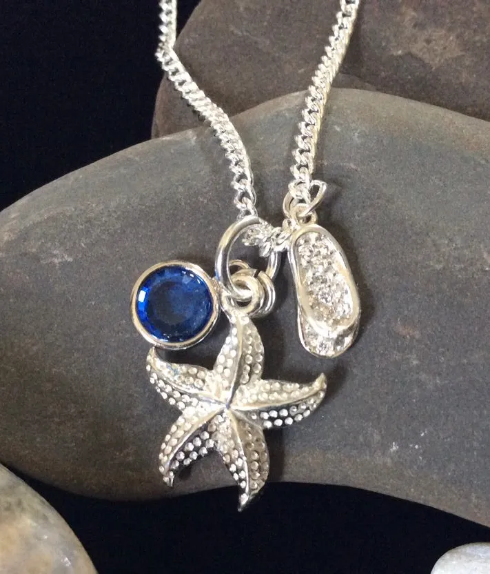 Personalized Starfish Flip Flop Sterling Silver Charm Necklace Beach Jewelry Birthday Gift Birthstone