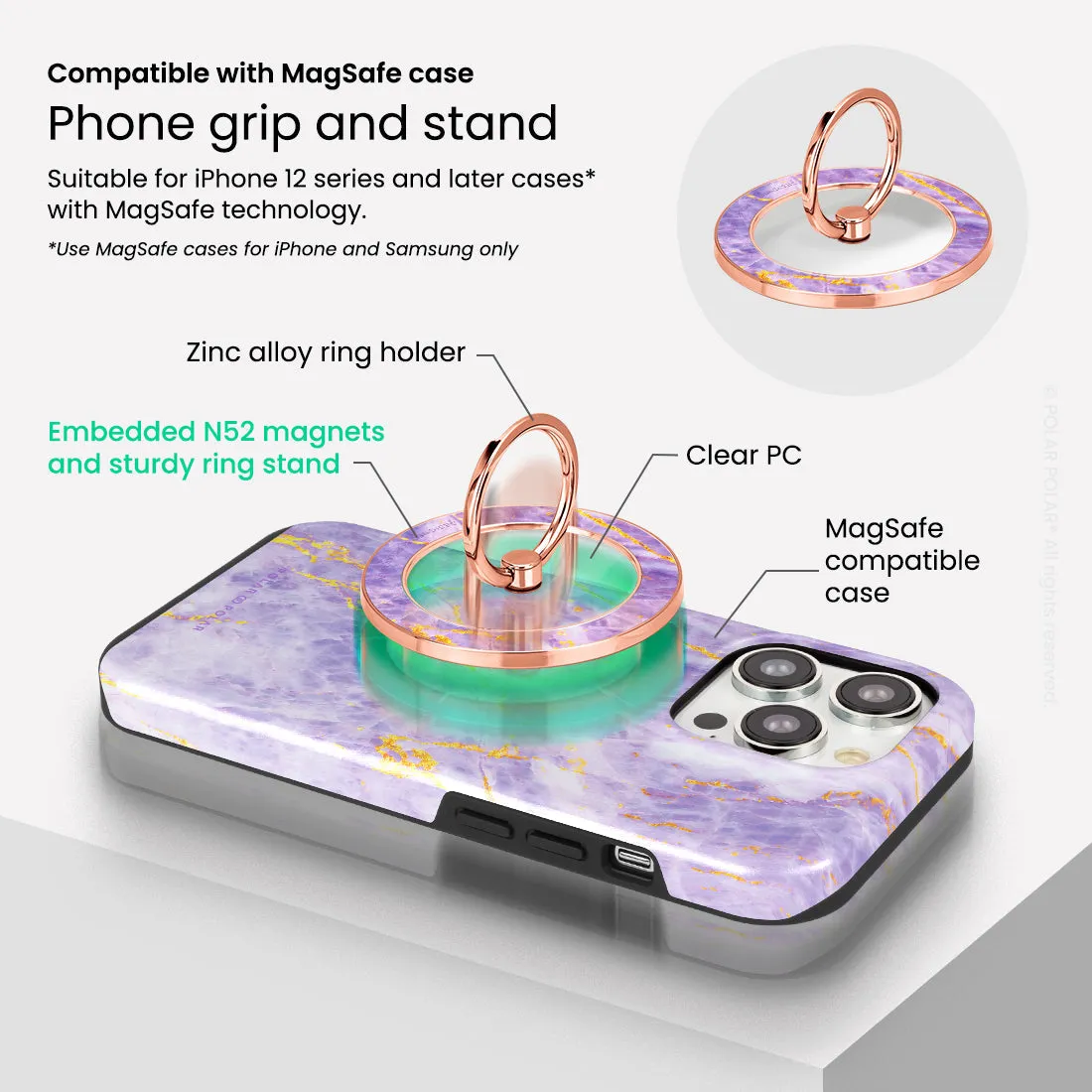 Princess Purple - Rose Gold MagSafe Phone Grip and Ring Holder Stand