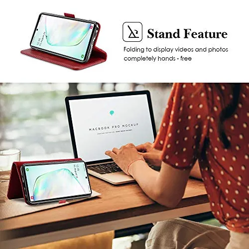 ProCase Galaxy Note 10 Plus Case Flip/Note 10  5G Genuine Leather Case，Vintage Wallet Folding Magnetic Protective Cover with Kickstand Card Holders for Galaxy Note 10  / Note 10 Plus /5G 2019 -Red