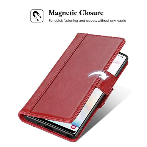 ProCase Galaxy Note 10 Plus Case Flip/Note 10  5G Genuine Leather Case，Vintage Wallet Folding Magnetic Protective Cover with Kickstand Card Holders for Galaxy Note 10  / Note 10 Plus /5G 2019 -Red