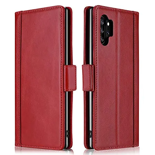 ProCase Galaxy Note 10 Plus Case Flip/Note 10  5G Genuine Leather Case，Vintage Wallet Folding Magnetic Protective Cover with Kickstand Card Holders for Galaxy Note 10  / Note 10 Plus /5G 2019 -Red