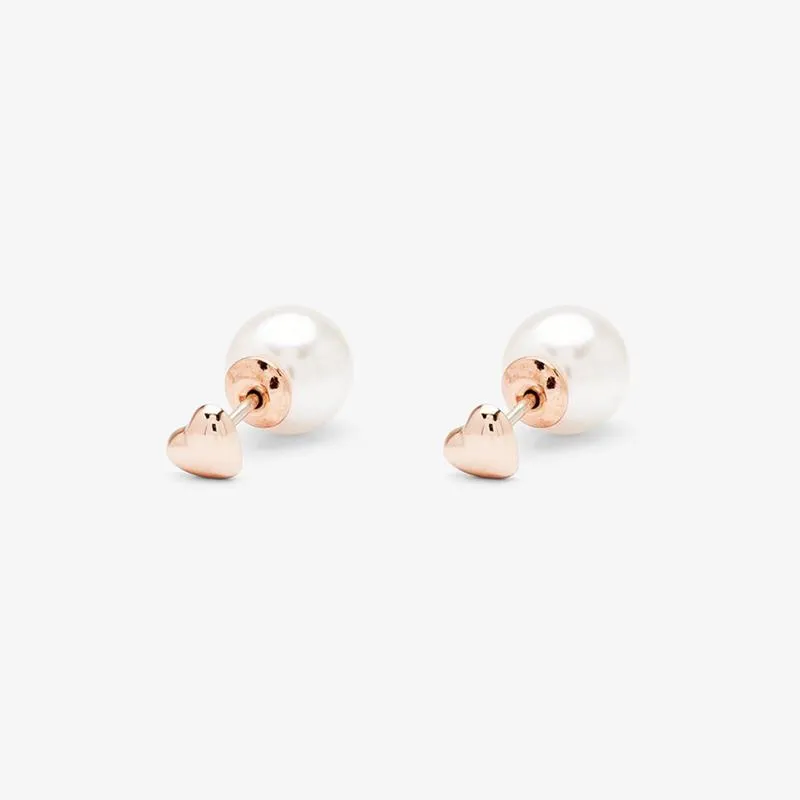 Pura Vida Rose Gold Stud Earrings ~ Pearl & Heart Double Sided Stud