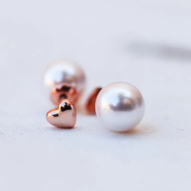 Pura Vida Rose Gold Stud Earrings ~ Pearl & Heart Double Sided Stud