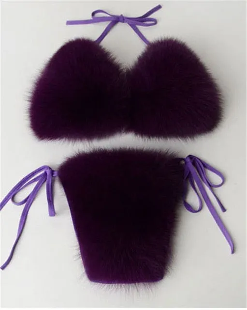Real Fox Fur Slippers Women Sanadals Fashion Fur Bikini Bra Summer Beach Bathing Suit Sexy Underwear Soft Shoes Bikini New Hot