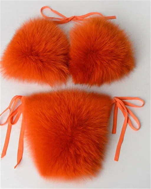 Real Fox Fur Slippers Women Sanadals Fashion Fur Bikini Bra Summer Beach Bathing Suit Sexy Underwear Soft Shoes Bikini New Hot