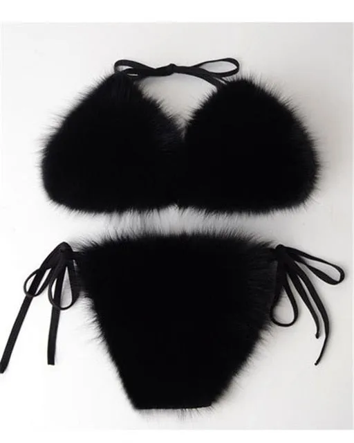 Real Fox Fur Slippers Women Sanadals Fashion Fur Bikini Bra Summer Beach Bathing Suit Sexy Underwear Soft Shoes Bikini New Hot
