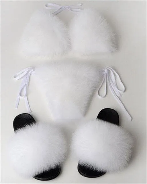 Real Fox Fur Slippers Women Sanadals Fashion Fur Bikini Bra Summer Beach Bathing Suit Sexy Underwear Soft Shoes Bikini New Hot