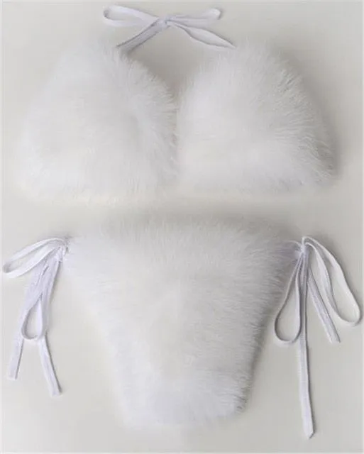 Real Fox Fur Slippers Women Sanadals Fashion Fur Bikini Bra Summer Beach Bathing Suit Sexy Underwear Soft Shoes Bikini New Hot