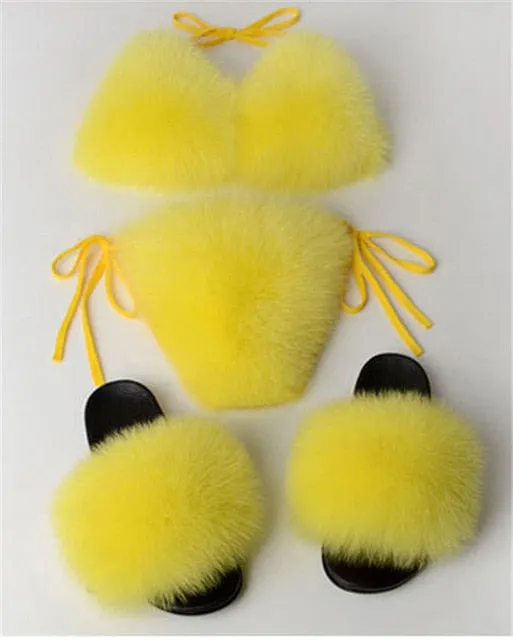 Real Fox Fur Slippers Women Sanadals Fashion Fur Bikini Bra Summer Beach Bathing Suit Sexy Underwear Soft Shoes Bikini New Hot