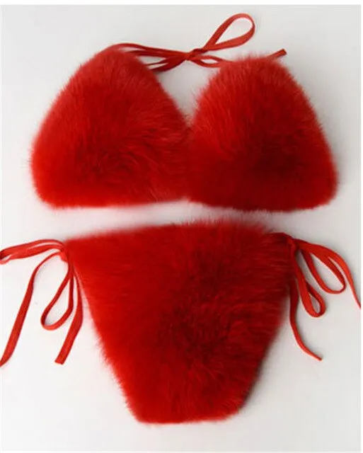 Real Fox Fur Slippers Women Sanadals Fashion Fur Bikini Bra Summer Beach Bathing Suit Sexy Underwear Soft Shoes Bikini New Hot