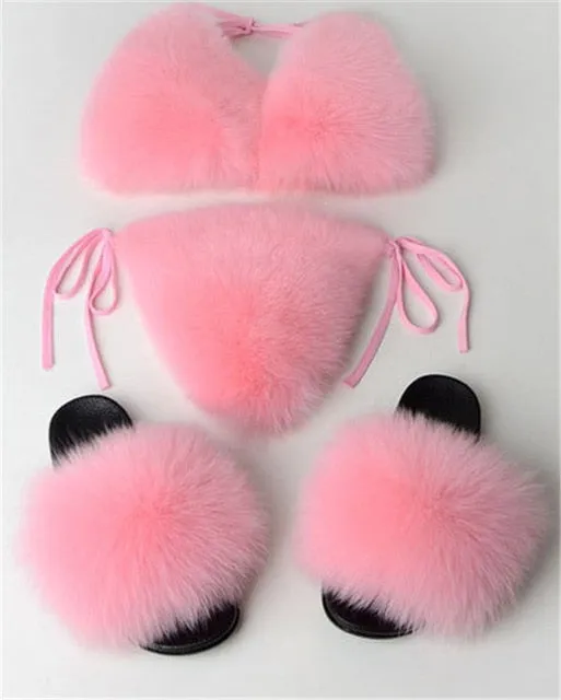 Real Fox Fur Slippers Women Sanadals Fashion Fur Bikini Bra Summer Beach Bathing Suit Sexy Underwear Soft Shoes Bikini New Hot