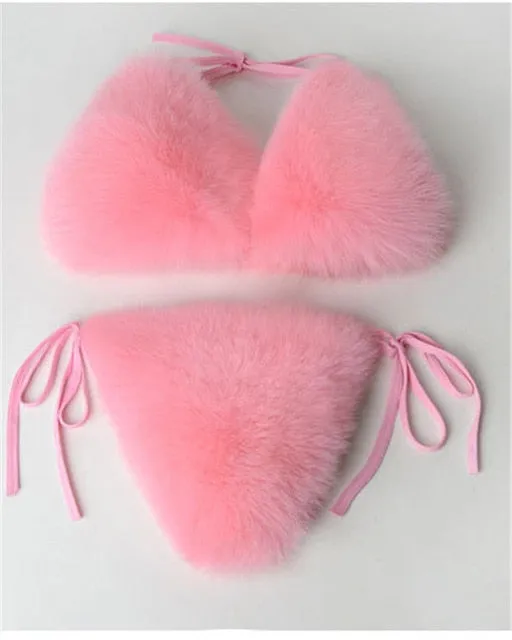 Real Fox Fur Slippers Women Sanadals Fashion Fur Bikini Bra Summer Beach Bathing Suit Sexy Underwear Soft Shoes Bikini New Hot
