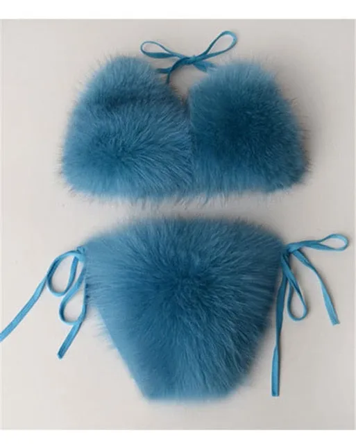 Real Fox Fur Slippers Women Sanadals Fashion Fur Bikini Bra Summer Beach Bathing Suit Sexy Underwear Soft Shoes Bikini New Hot