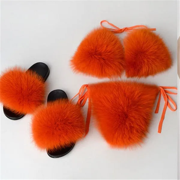 Real Fox Fur Slippers Women Sanadals Fashion Fur Bikini Bra Summer Beach Bathing Suit Sexy Underwear Soft Shoes Bikini New Hot