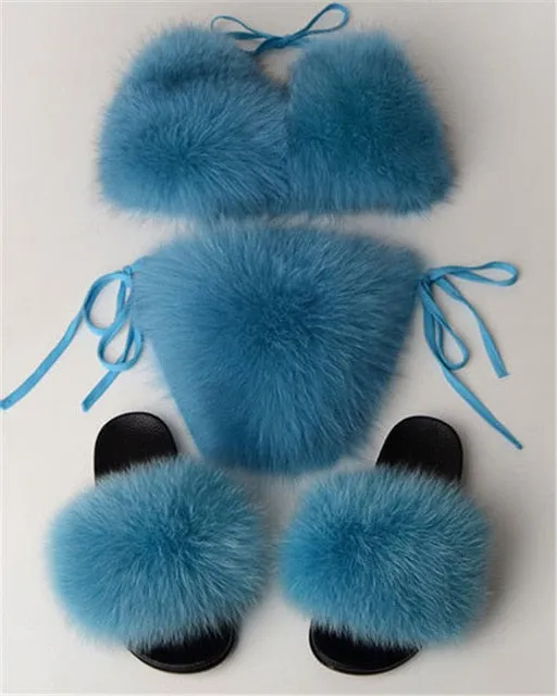 Real Fox Fur Slippers Women Sanadals Fashion Fur Bikini Bra Summer Beach Bathing Suit Sexy Underwear Soft Shoes Bikini New Hot