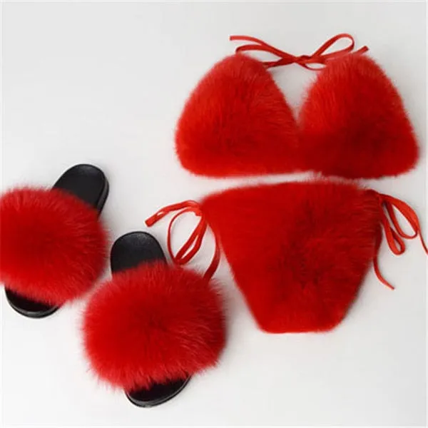 Real Fox Fur Slippers Women Sanadals Fashion Fur Bikini Bra Summer Beach Bathing Suit Sexy Underwear Soft Shoes Bikini New Hot