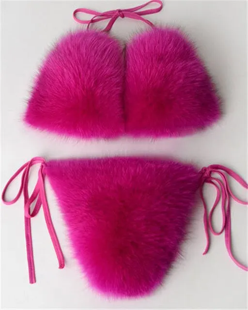 Real Fox Fur Slippers Women Sanadals Fashion Fur Bikini Bra Summer Beach Bathing Suit Sexy Underwear Soft Shoes Bikini New Hot