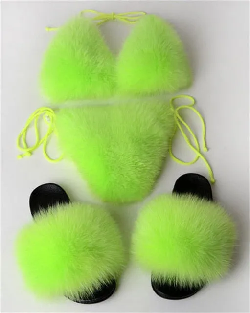 Real Fox Fur Slippers Women Sanadals Fashion Fur Bikini Bra Summer Beach Bathing Suit Sexy Underwear Soft Shoes Bikini New Hot