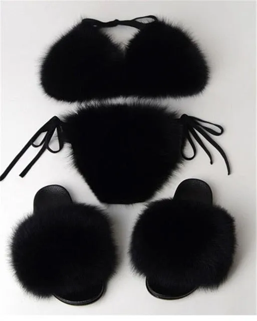 Real Fox Fur Slippers Women Sanadals Fashion Fur Bikini Bra Summer Beach Bathing Suit Sexy Underwear Soft Shoes Bikini New Hot