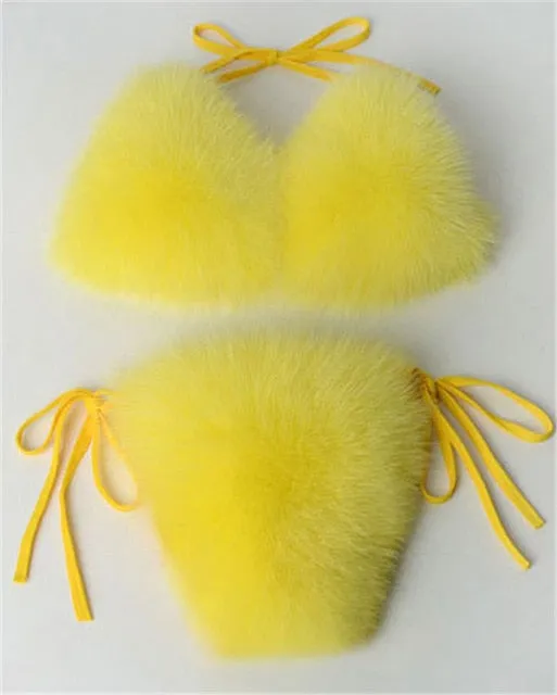Real Fox Fur Slippers Women Sanadals Fashion Fur Bikini Bra Summer Beach Bathing Suit Sexy Underwear Soft Shoes Bikini New Hot