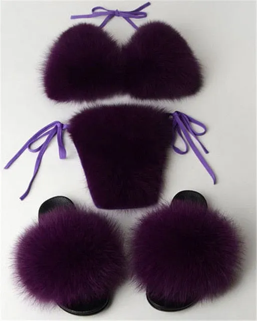 Real Fox Fur Slippers Women Sanadals Fashion Fur Bikini Bra Summer Beach Bathing Suit Sexy Underwear Soft Shoes Bikini New Hot