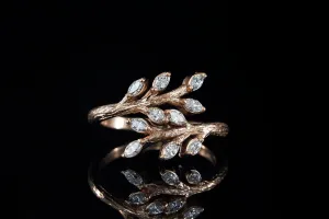 ROSE GOLD TWIG RING WITH MARQUISE DIAMOND LEAVES