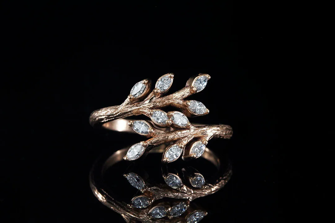 ROSE GOLD TWIG RING WITH MARQUISE DIAMOND LEAVES