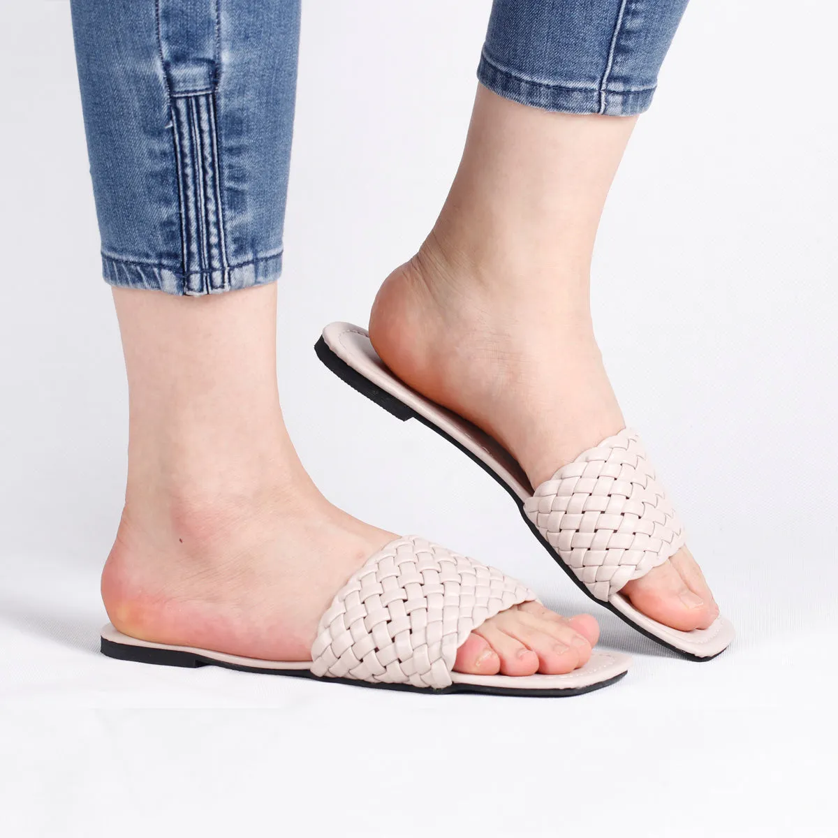 RXFSP Women Woven Square Head Flat Slippers