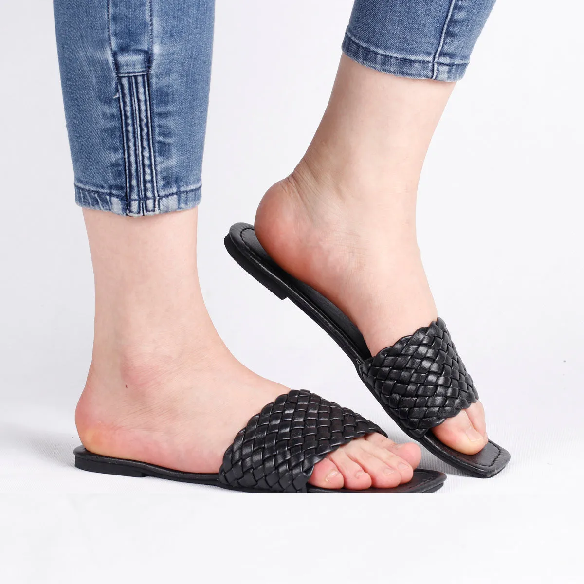 RXFSP Women Woven Square Head Flat Slippers