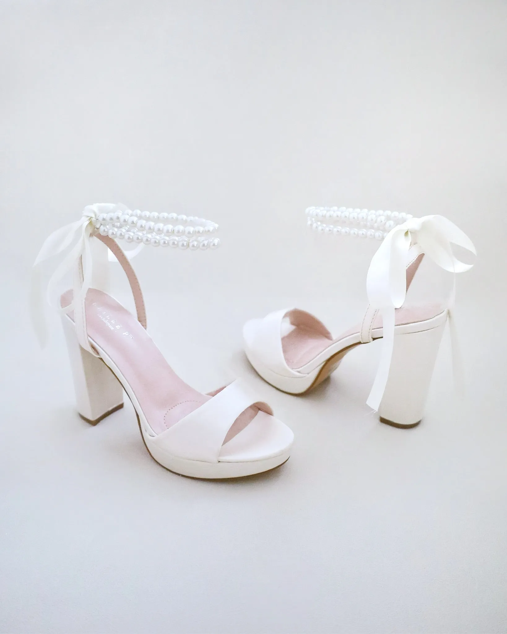 Satin Platform Block Heel Wedding Sandals with Double Pearls Ankle Strap