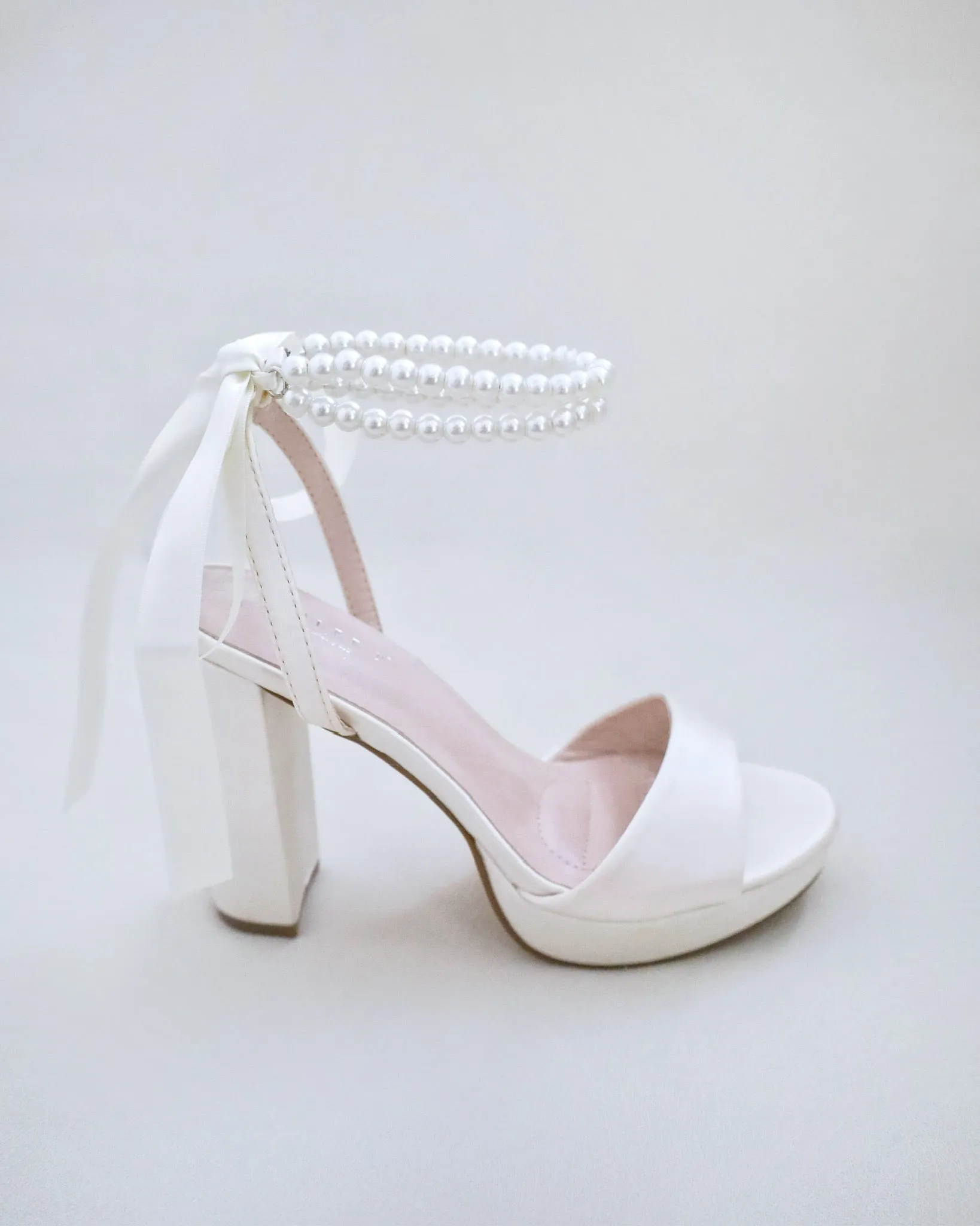 Satin Platform Block Heel Wedding Sandals with Double Pearls Ankle Strap