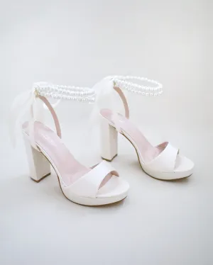 Satin Platform Block Heel Wedding Sandals with Double Pearls Ankle Strap