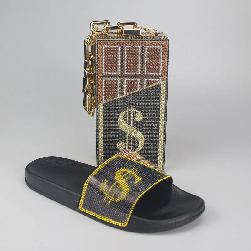 Sequins Rhinestone Dollar Print Slippers & Clutch Bags